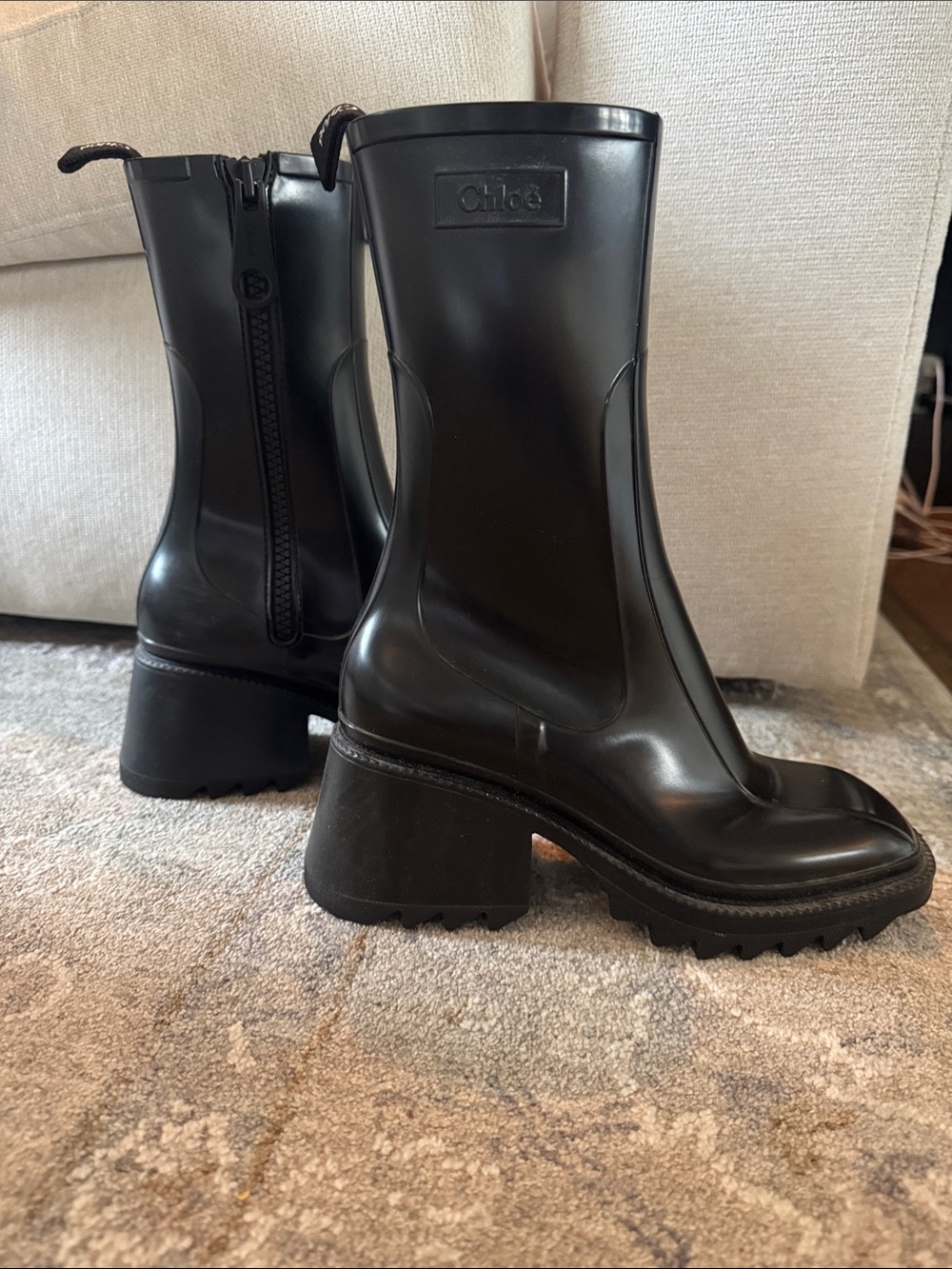 Chloe Betty Rain Boot - Women's Black Rubber Mid-Calf Lug Sole Boots